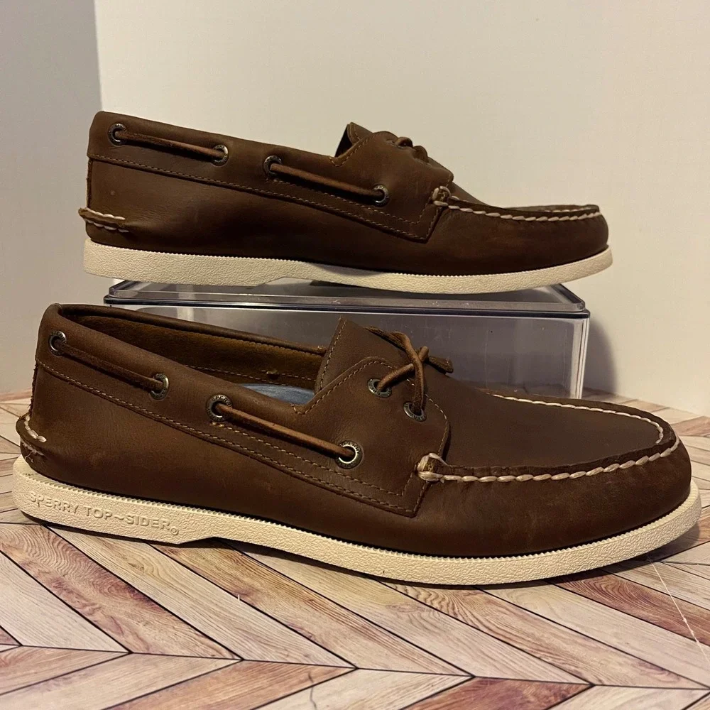 Sperry Top Sider Auth Original 2 Eye Boat Shoe Men 8 Wide Brown Leather Nautical